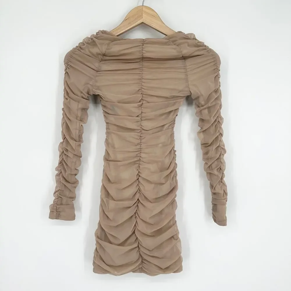 Michael Costello x REVOLVE Franky Mini Dress Mesh Ruched Long Sleeve, Taupe - Picture 9 of 14
